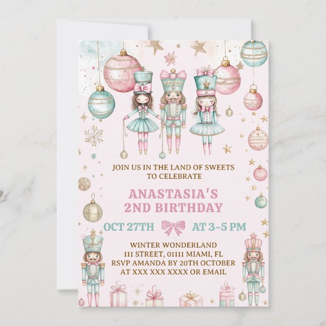 Invitation Nutcracker Noël Rose Girl 2e anniversaire (Devant)