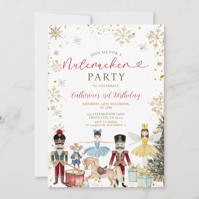 Invitation Nutcracker Party 1er Anniversaire Gold Snowflakes (Devant)