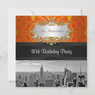 Invitation NY City Skyline BW 111 Red Gold Paisley Anniversai