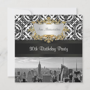 Invitation NY City Skyline BW 431 Damask Birthday Party
