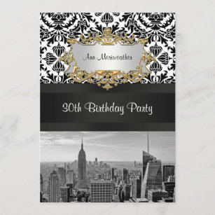 Invitation NY City Skyline BW 431 Damask Birthday Party V
