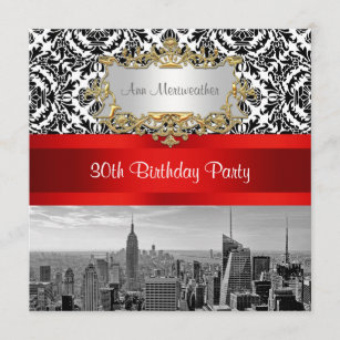 Invitation NY City Skyline BW 432 Damask Birthday Party