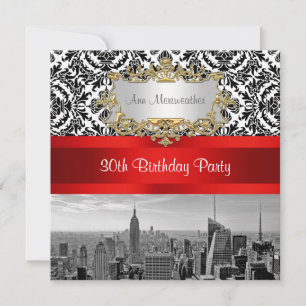 Invitation NY City Skyline BW 432 Damask Fête d'anniversaire