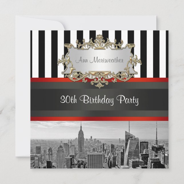 Invitation NY City Skyline BW Black White Stripe Anniversaire (Devant)