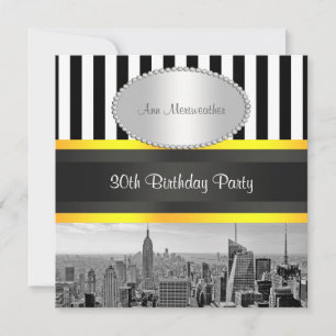 Invitation NY City Skyline BW Blk Wht Strp Jaune Anniversaire