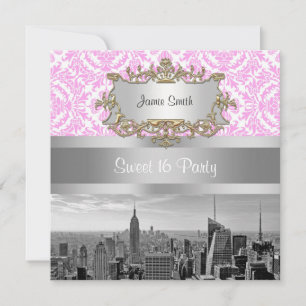Invitation NY City Skyline BW D4P Damask Rose Blanc