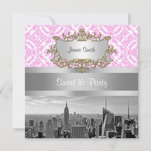 Invitation NY City Skyline BW D4P Damask Rose Blanc (Devant)
