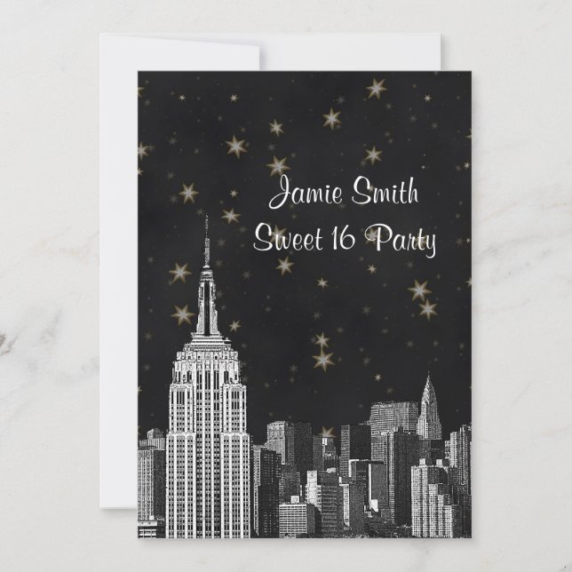 Invitation NYC ESB Skyline Etched Black Starry Sweet 16 V (Devant)