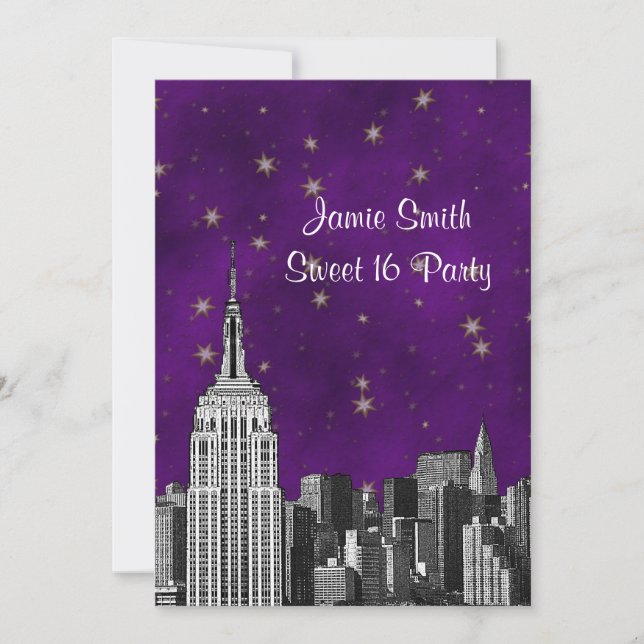 Invitation NYC ESB Skyline Gravé Étoile Violette Douce 16 V (Devant)