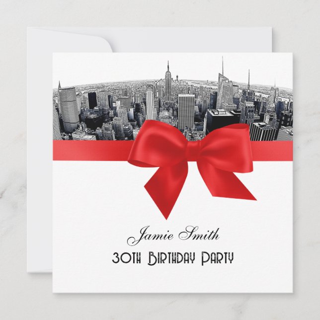 Invitation NYC Etched Fisheye Skyline BW Red Birthday SQ (Devant)
