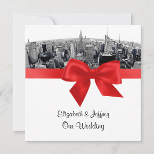 Invitation NYC Etched Fisheye Skyline BW Red Mariage SQ
