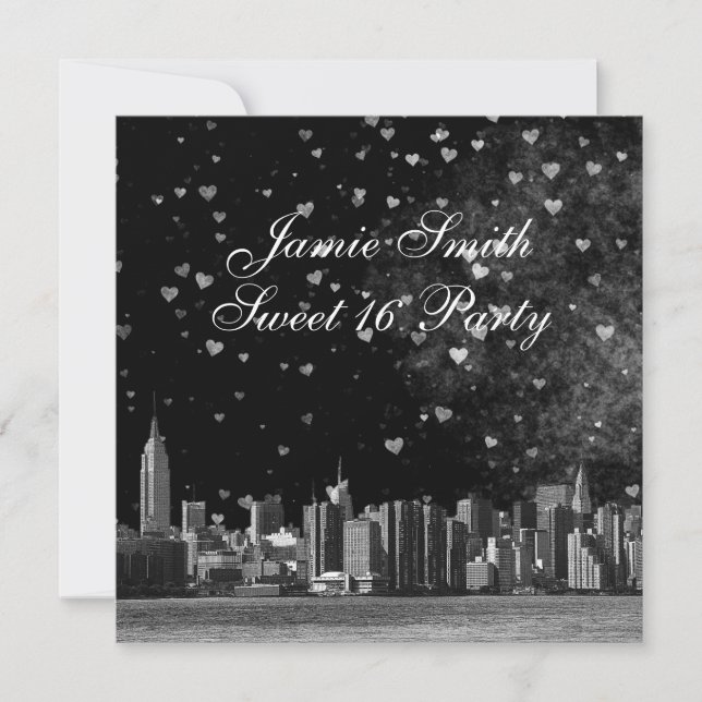 Invitation NYC Etched Skyline Black BG White Heart Sweet 16 (Devant)