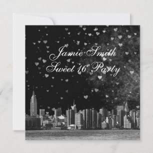 Invitation NYC Etched Skyline Black BG White Heart Sweet 16