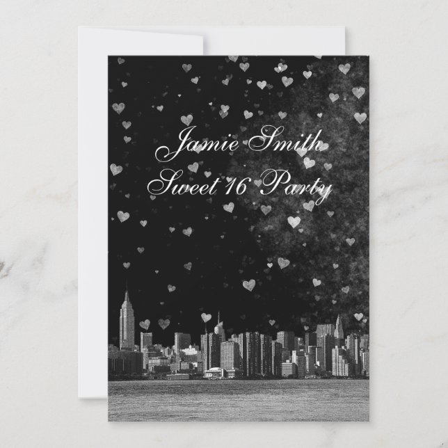 Invitation NYC Etched Skyline Black BG White Heart Sweet 16 V (Devant)