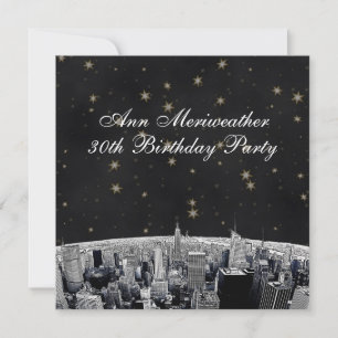 Invitation NYC Etched Skyline Black Gold Stars Anniversaire