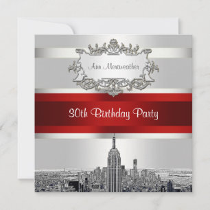 Invitation NYC Etched Skyline, White BG, Red Ribbon Anniversa