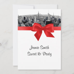 Invitation NYC Gravé Fisheye Skyline NB Rouge Sweet 16