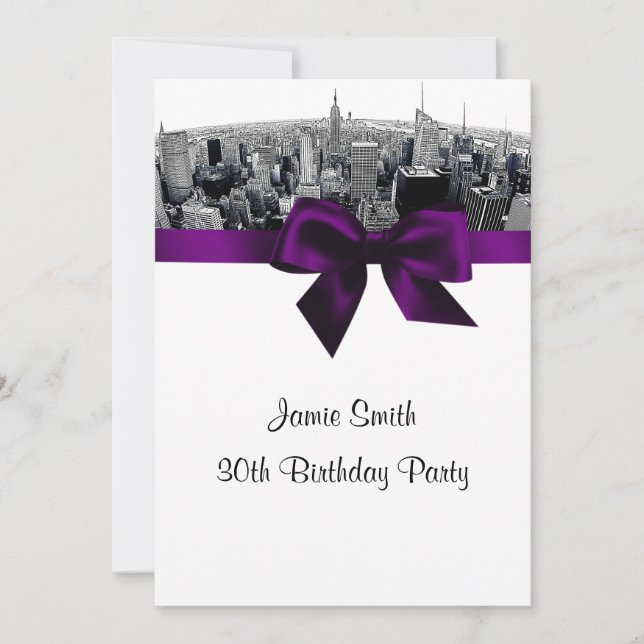 Invitation NYC Gravé Fisheye Skyline NB Violet Anniversaire (Devant)