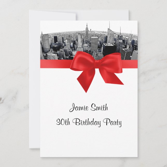 Invitation NYC Gravure Fisheye Skyline NB Rouge Anniversaire (Devant)