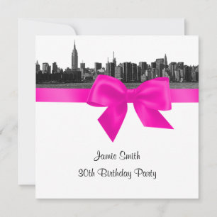 Invitation NYC large Skyline Etch BW Hot rose Anniversaire Pt