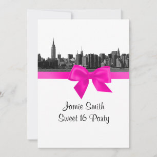 Invitation NYC large Skyline Etched BW Hot rose Sweet 16