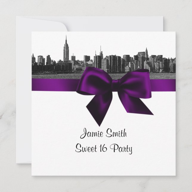 Invitation NYC large Skyline Etted BW Purple Sweet sixteen SQ (Devant)