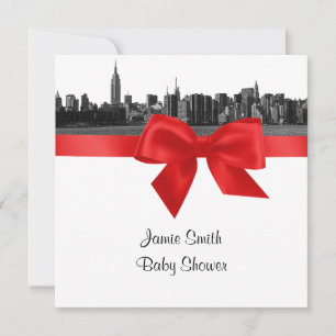 Invitation NYC large Skyline Etted BW Red Baby shower SQ