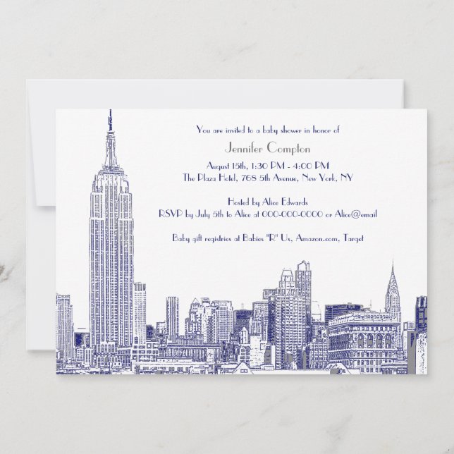 Invitation NYC Skyline 01 Etched Wht Baby shower Blue (Dos)