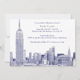 Invitation NYC Skyline 01 Etched Wht Baby shower Blue