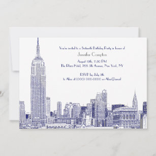 Invitation NYC Skyline 01 Etched Wht Sweet 16 Party Blue