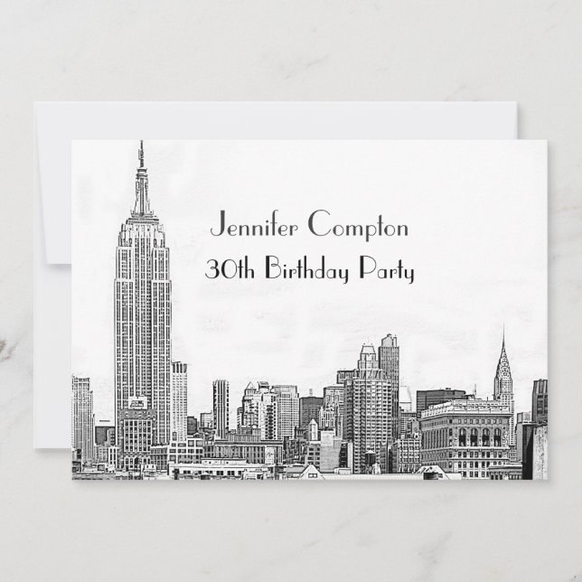 Invitation NYC Skyline 01 Gravé Fête d'anniversaire Wht (Devant)