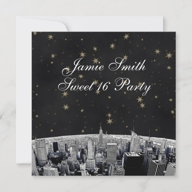 Invitation NYC Skyline 2 Black Gold Star Sweet 16 (Devant)