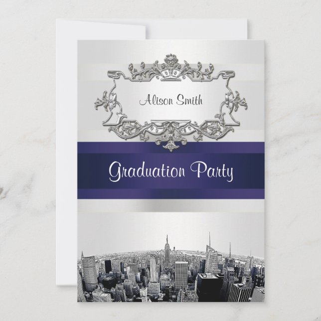 Invitation NYC Skyline 2 Blanc BG Blu Ribbn Graduation (Devant)