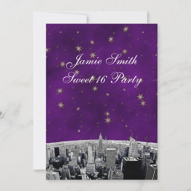 Invitation NYC Skyline 2 Purple Gold Star Sweet 16 V (Devant)