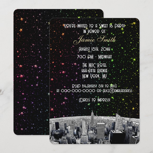 Invitation NYC Skyline 2 Rainbow Star Sweet Etched 16 V (Devant / Derrière)