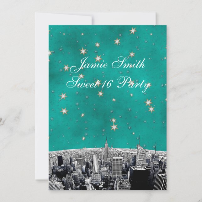 Invitation NYC Skyline 2 Turquoise Gold Star Sweet 16 V (Devant)