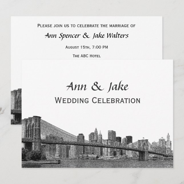 Invitation NYC Skyline Bklyn Bridge Etched #2SQH Mariage (Devant / Derrière)