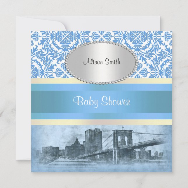 Invitation NYC Skyline Brooklyn Bridge Bateau 6 Baby showers (Devant)