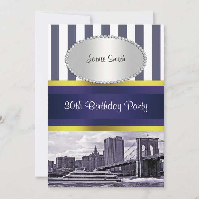 Invitation NYC Skyline Brooklyn Bridge Bateau Blue Wt2 Annive (Devant)