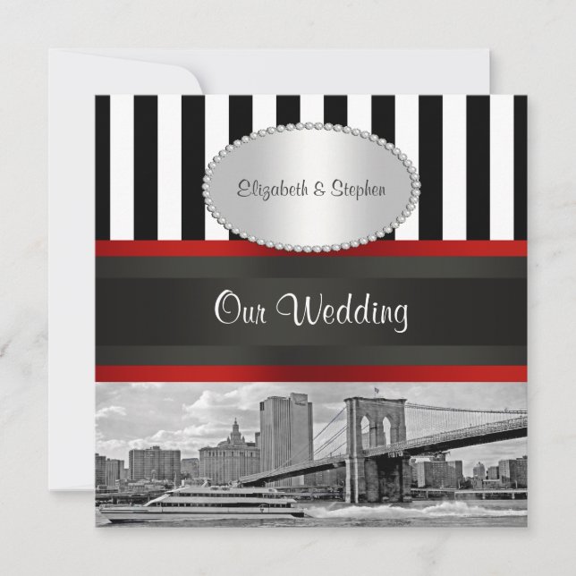 Invitation NYC Skyline Brooklyn Bridge Blk White P2 Mariage (Devant)