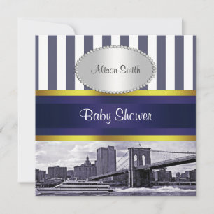 Invitation NYC Skyline Brooklyn Bridge Blue White Baby shower