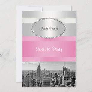 Invitation NYC Skyline BW 05 Blanc, Rose Sweet 16 Party