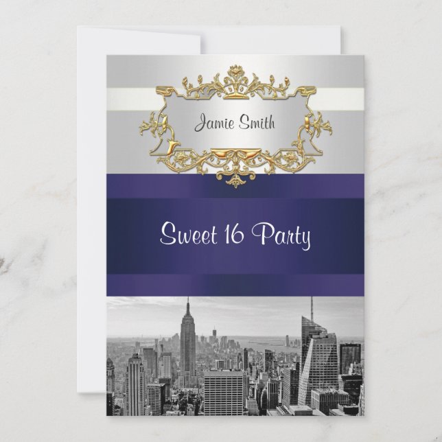 Invitation NYC Skyline BW 05 White Navy Blue Sweet 16 Invitat (Devant)