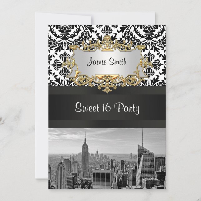 Invitation NYC Skyline BW 431 Damask Sweet 16 Party Invitatio (Devant)