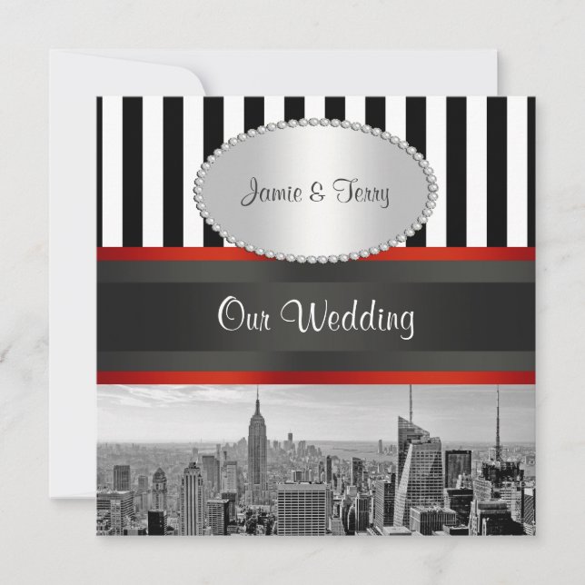 Invitation NYC Skyline BW Black White Stripe P Wedding Invita (Devant)