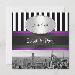 Invitation NYC Skyline BW Blk Wht Strp Purpl P Sweet 16 Party