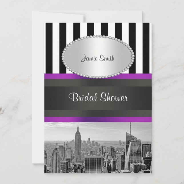 Invitation NYC Skyline BW Blk Wht Strp Purple P Fête des mari (Devant)