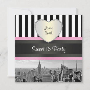Invitation NYC Skyline BW Blk Wht Strp Rose H Sweet 16 Party