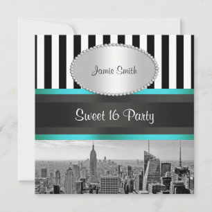 Invitation NYC Skyline BW Blk Wht Strp Turquoise P Sweet 16 P