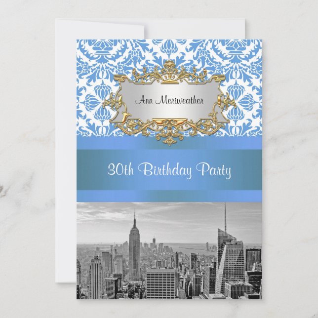 Invitation NYC Skyline BW D4 Damask Joyeux Anniversaire V (Devant)